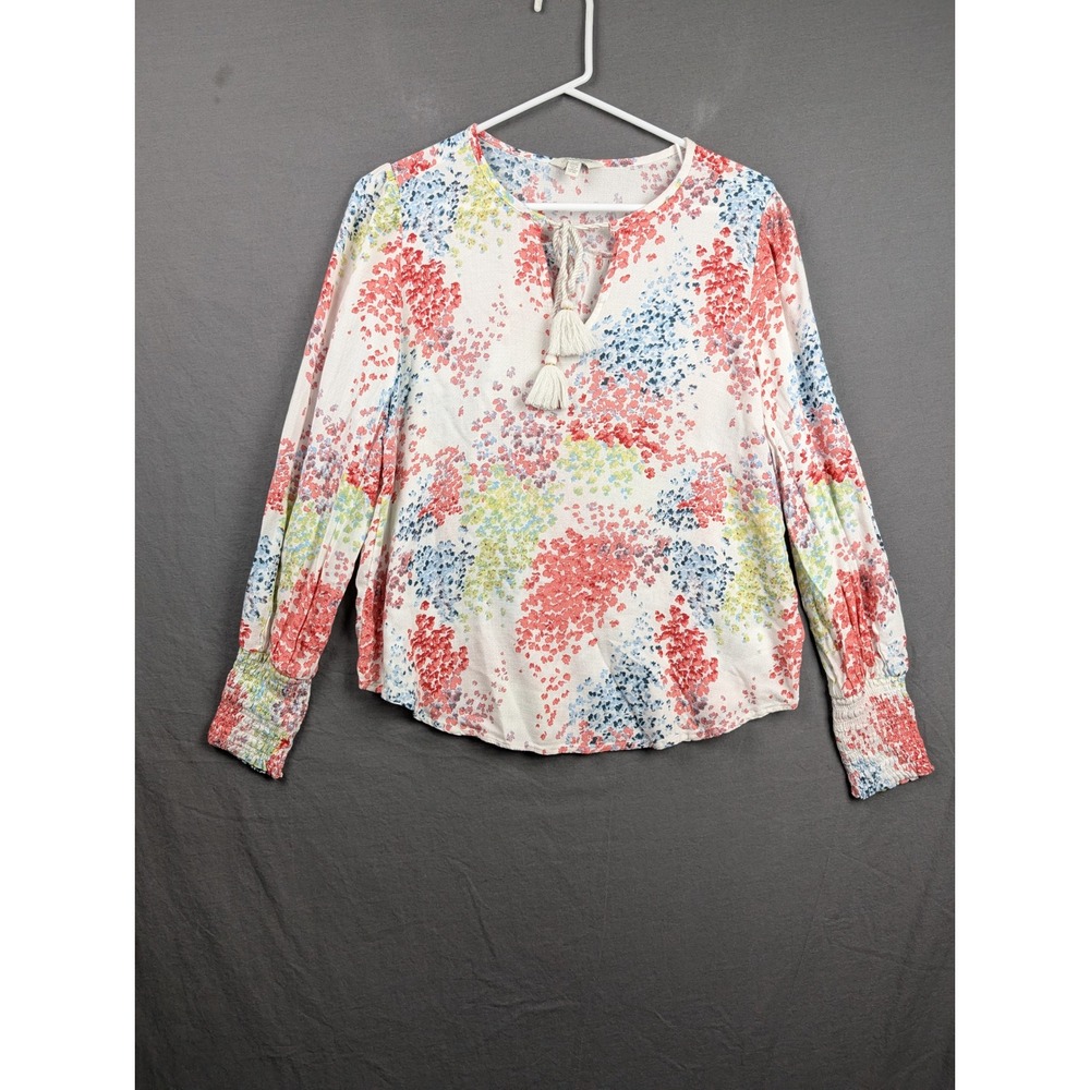 Lucky Brand Floral Smocked Cuff Tassel Tie Neck Blouse Multicolor Size Medium